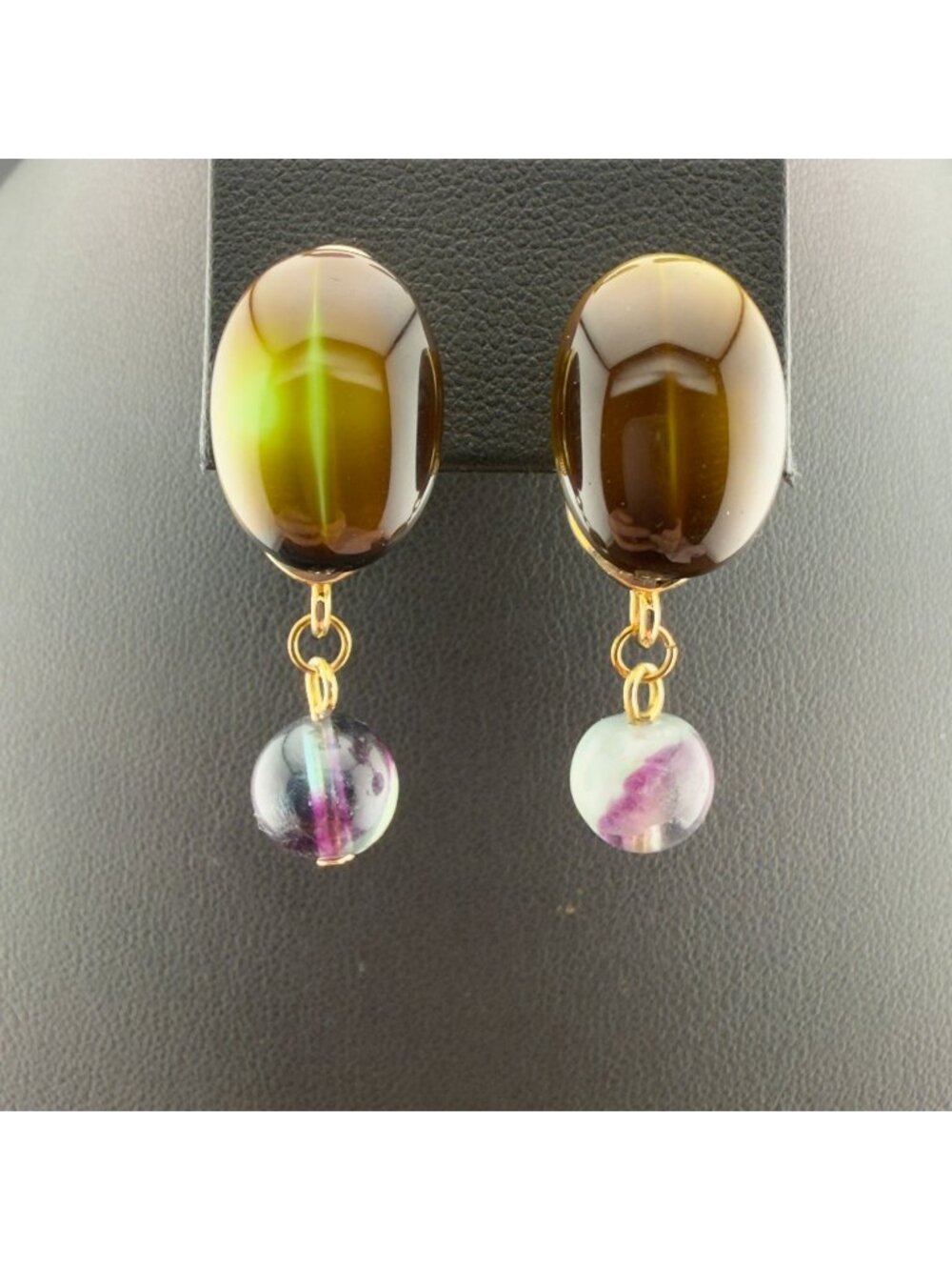 Vintage Monet Gold Tone Clip On Earrings Oil Slick Cabochon Bead Dangle